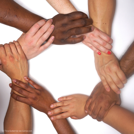 People of different skin colours make a circle with their hands